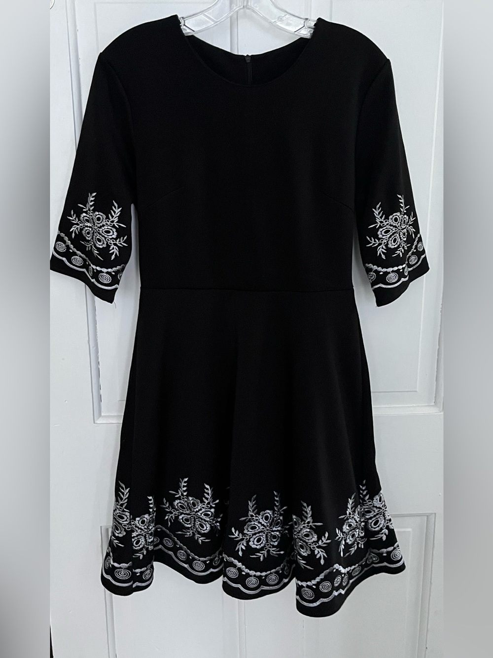 Size M Black with White Embroidery Accents Fit and Flare Dress